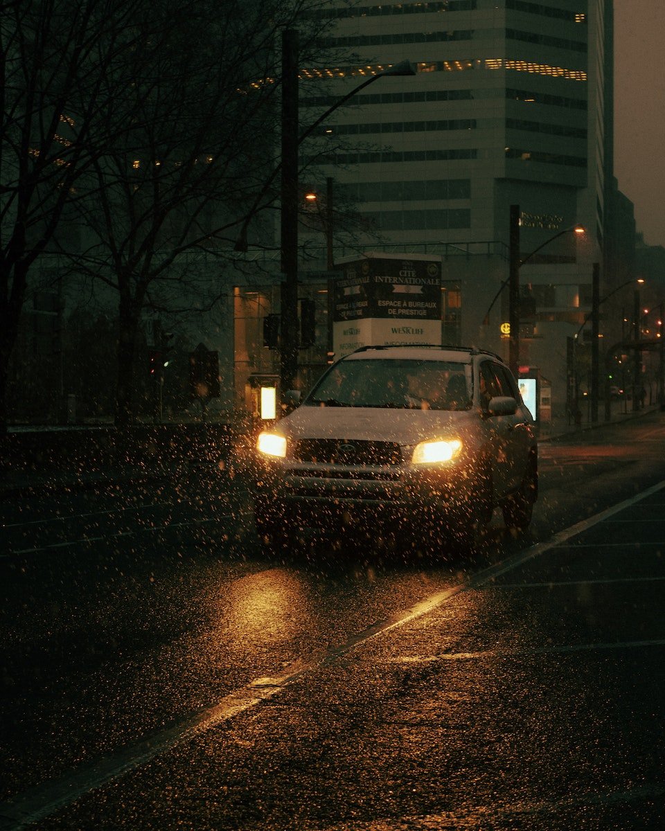 Driving on the Road at a Rainy Night